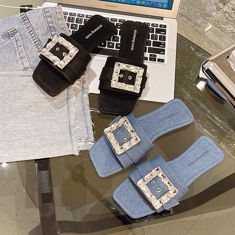 Sweet Slippers for Women Slides Square Buckle Low Heels Shoes for Women Crystal Bling Summer Slippers Plus Size