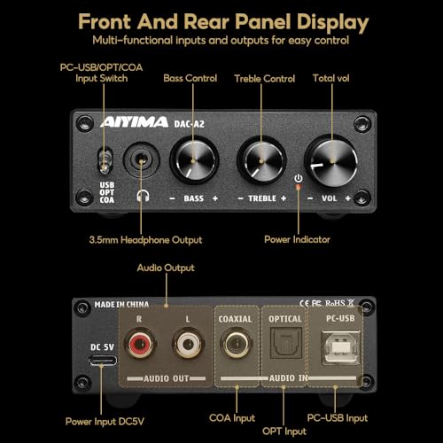 AIYIMA DAC-A2 Headphone Amplifier with PC-USB/Optical/Coaxial Input, RCA/3.5mm Headphone Output, Digital/Analog Converter, Analog Desktop Audio Conver