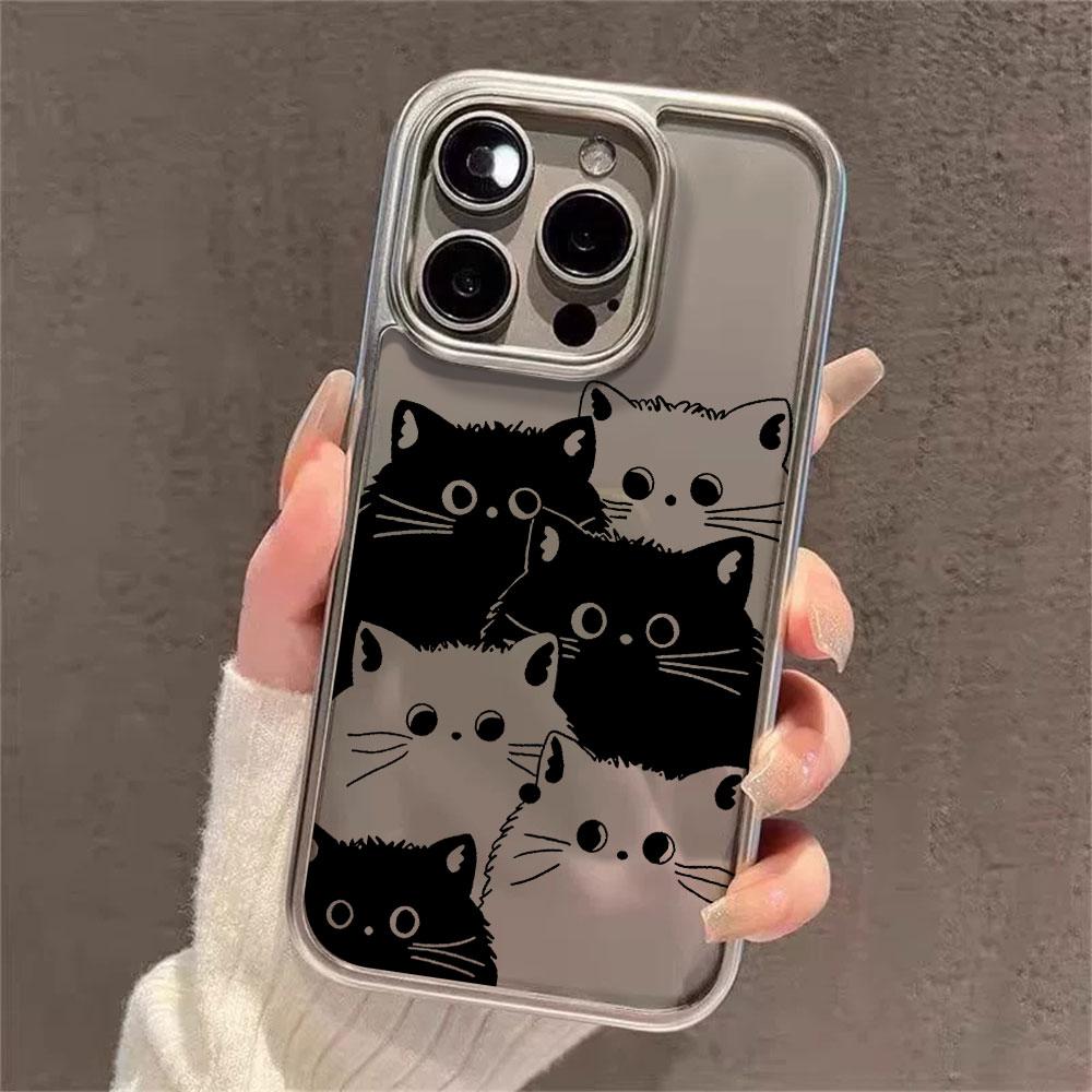Cute Black White Cat Electroplated Clear Phone Case For iPhone 17 Pro Max 16 15 14 13 12 11 Pro 16 Plus 17 Air Shockproof Cover