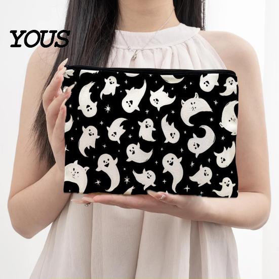 Canvas Pencil Case Storage Bag, Halloween Pattern Print, Durable Zippered Organizer Travel Toiletry Case, for Makeup And Stationery Cosmetic Bag