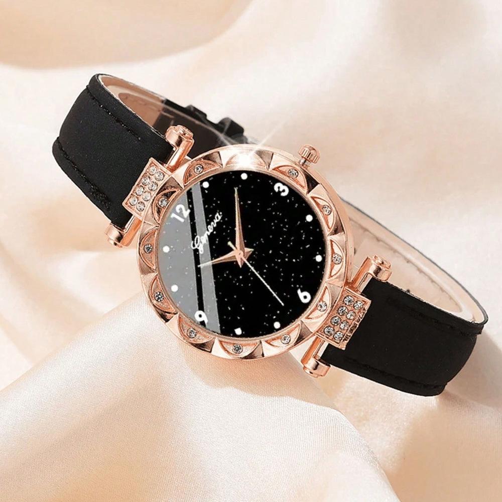 Watch Ladies Light Luxury Niche Diamond Dial Quartz Watch PU Leather Strap Watch Bracelet Set