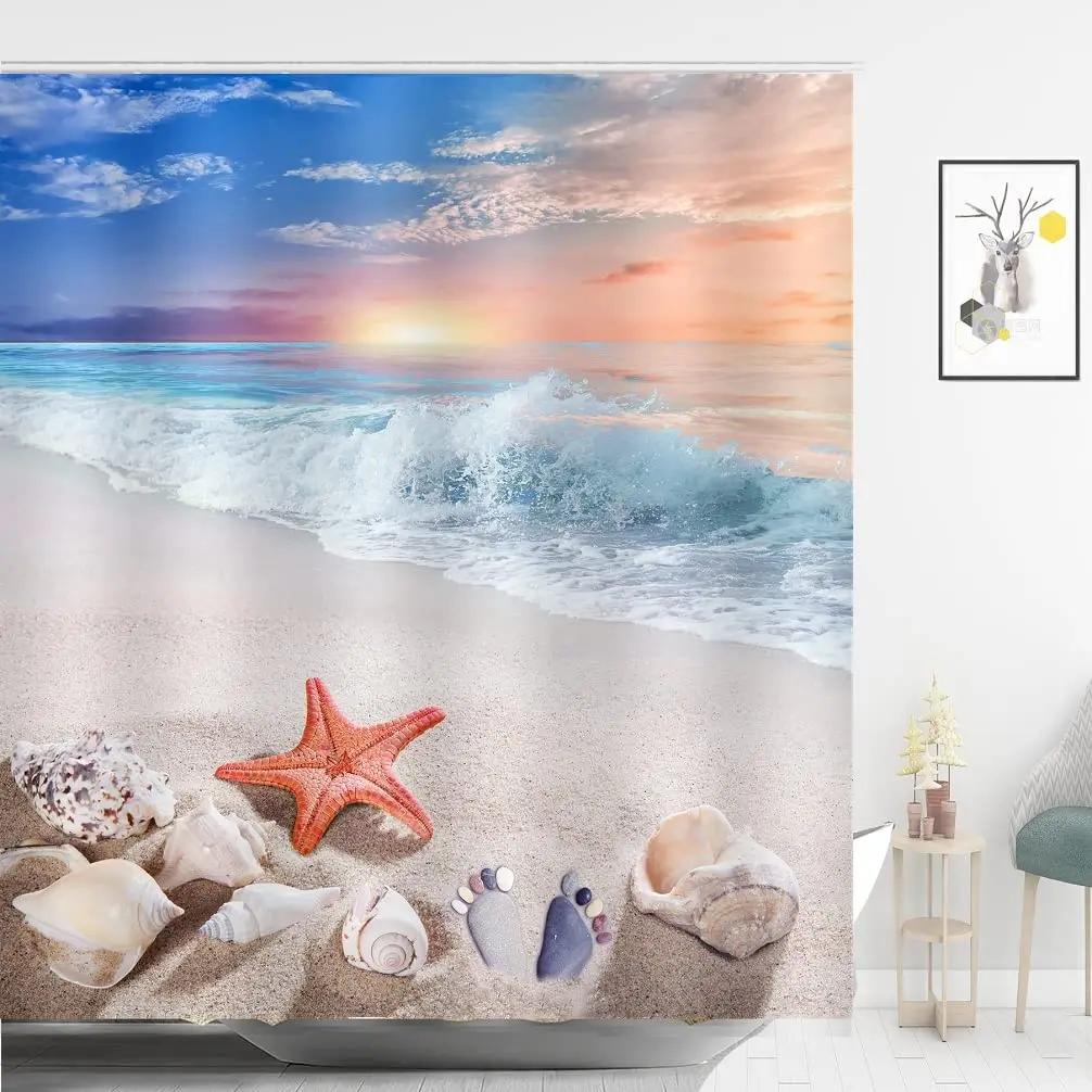 Starfish Beach Shower Curtains 3D Seashell Ocean Theme Waterproof Polyester Fabric Bathroom Decor with Hooks Bathtub Curtains