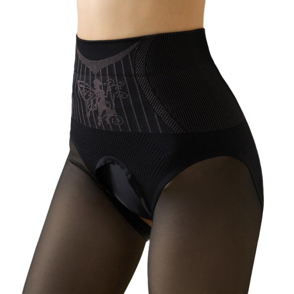 High-Waisted Black Hip-Lifting Velvet Stockings with Floral Design - Autumn/Winter