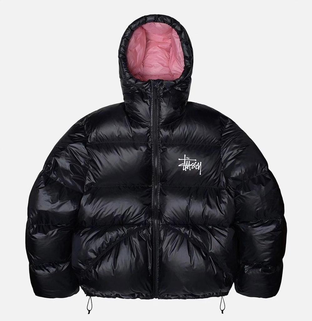 Cross-border foreign trade STU embroidered hooded cotton-padded clothes, black pink contrasting short bread clothes, windproof thickened cotton