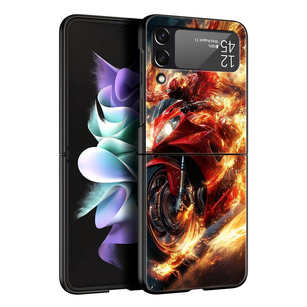 Motorcycle Hard PC Phone Case For Samsung Galaxy Z Flip 7 6 5 4 Black Cover For Galaxy Z Flip 3 Foldable Fundas Shell Capas Bags