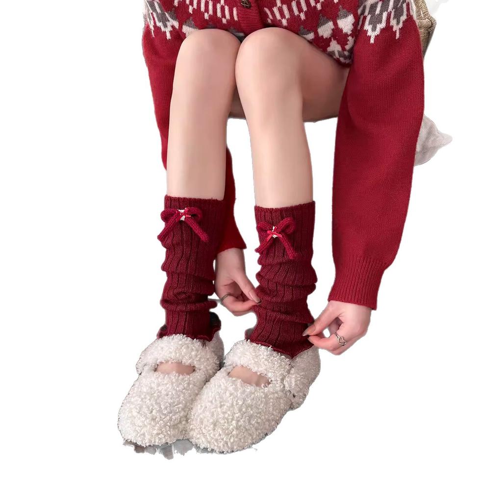 New Year'S Mori Bow Socks Cover Natal Year Red Sweet Love Hairball Stacking Socks Cover Thickened Leg Warmer