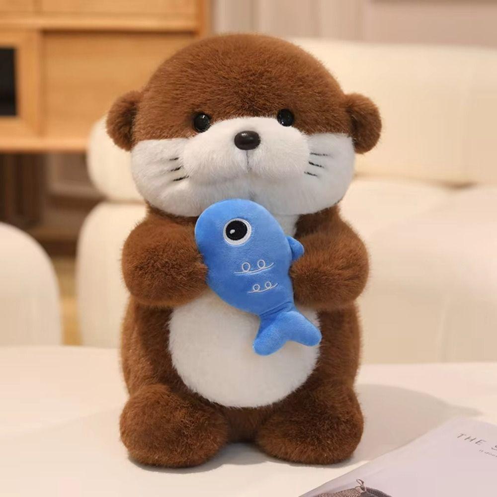 Fluffy Otter Plush Toys Collection Stuffed Otter Doll Pillow Holding Fish Otter Doll  Birthday Gift