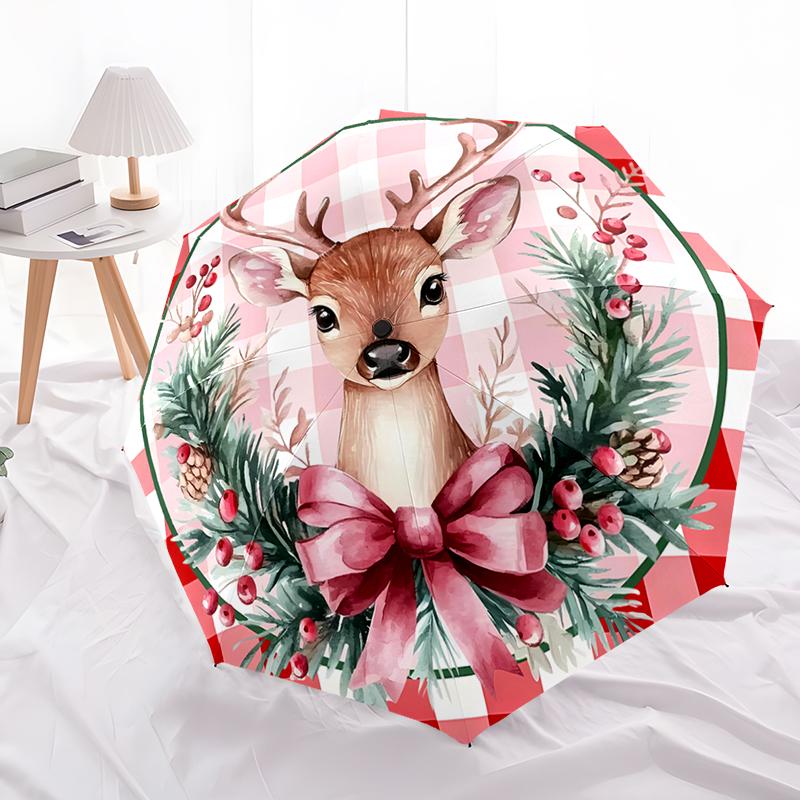 Christmas Reindeer Folding Umbrella-Fashionable Auto-Open Design 8 Iron Ribs Plastic Handle Foldable Sunshade,Perfect Gifts