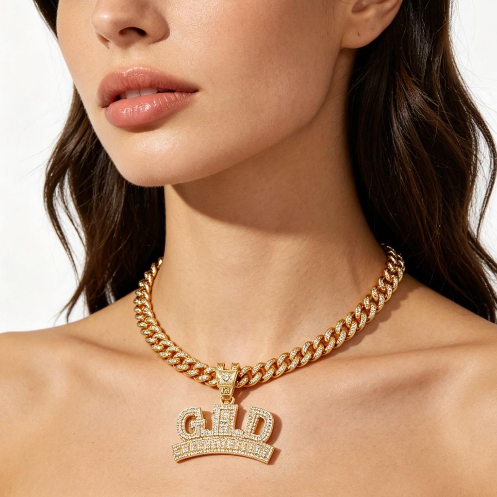 Men's Hip-Hop Style Gold Plated Link Chain Necklace with Alloy Crystal/Rhinestone Inlay GED Letter Pendant