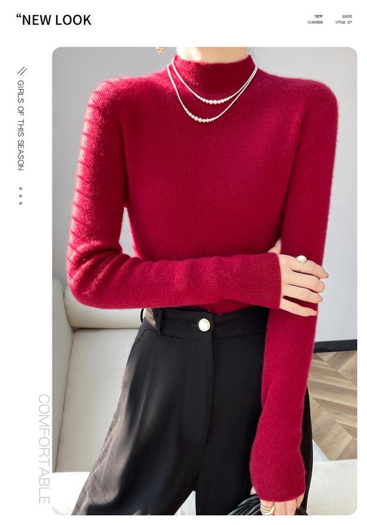 Jersey de Punto de Manga Larga Ajustado para Mujer con Cuello Alto - Color Sólido, Alta Elasticidad, Capa Base Otoño/Invierno.