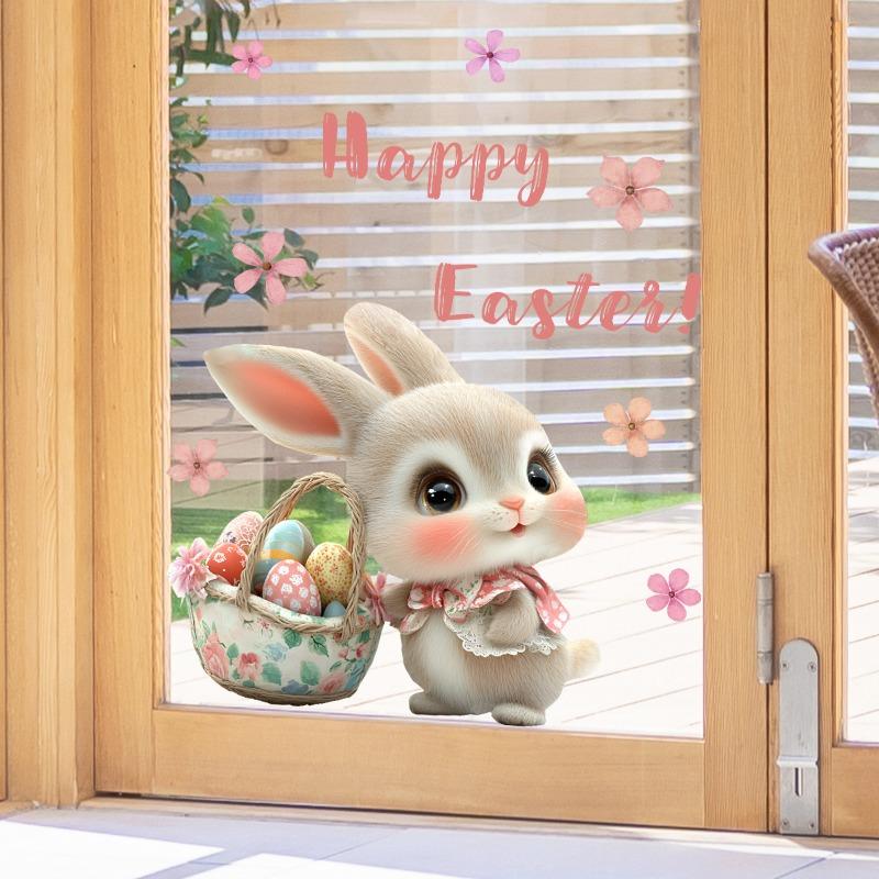 Happy Easter Window Stickers Cute Rabbit Eggs Carrot Electrostatic Glass Sticker Easter Decorations for Home Bunny Wall Decals