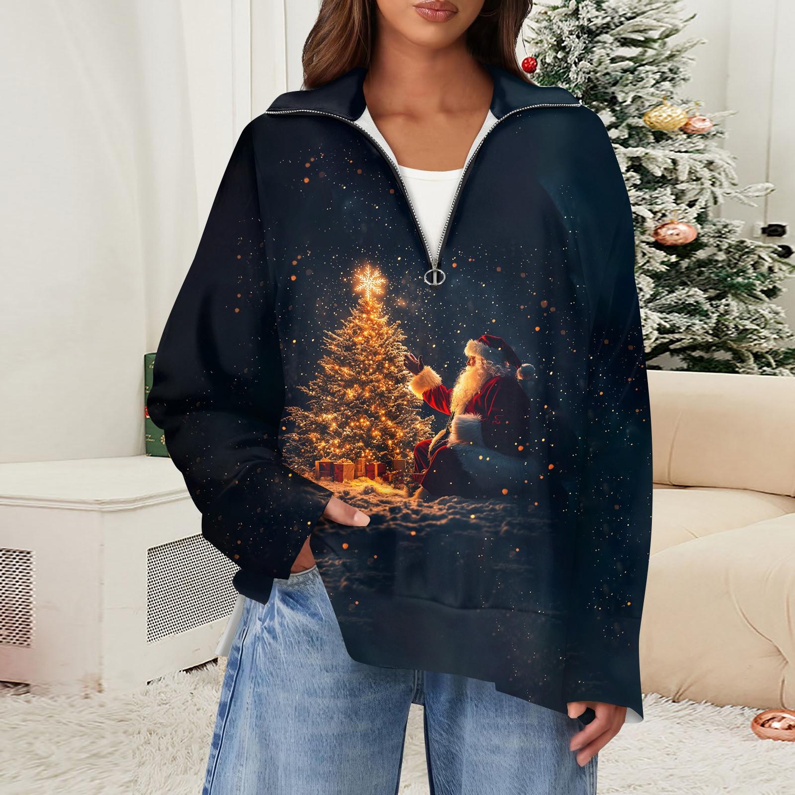 

Женский повседневный свитер с полумолнией и лацканами со снежинками и разрезом сверху по бокам, модная одежда S