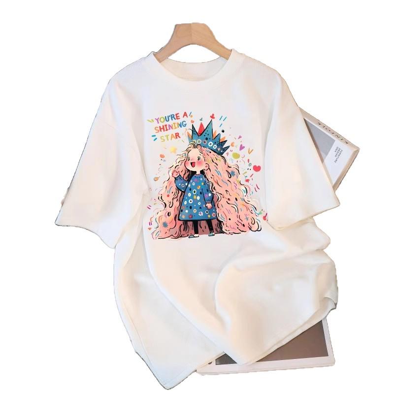 Women's Summer 2026 Cartoon Printed White Loose-Fit Short-Sleeve T-Shirt, Plus Size, Round Neck, Mid-Length, Fashionable.