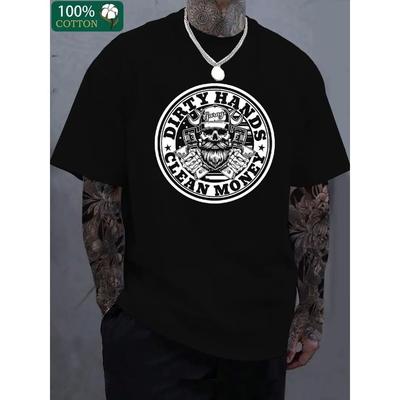 Europese maten Zwart T-shirt met Witte Schedel Grafisch | Baard met Sleutel Hamer & Tekst, Casual Ronde Hals, Losse Pasvorm, All-Season Kleding, Zomer T-shirt