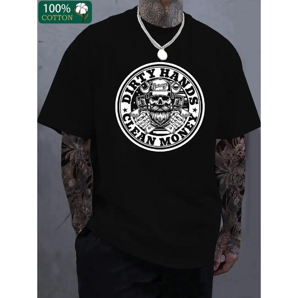 

European sizes Black T-shirt with White Skull Graphic | Beard Holding Wrench Hammer & Text, Casual Crew Neck, Loose Fit, All-Season Wear, Summer Tee 4XL чорний