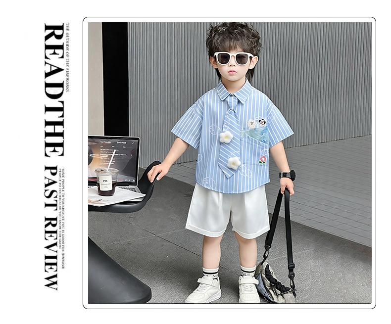 Children's Summer Short sleeved Shirt 2026, Boys' Blue Thin Shirt Set, Baby Boys' Summer Clothing, Children's Clothing Trend