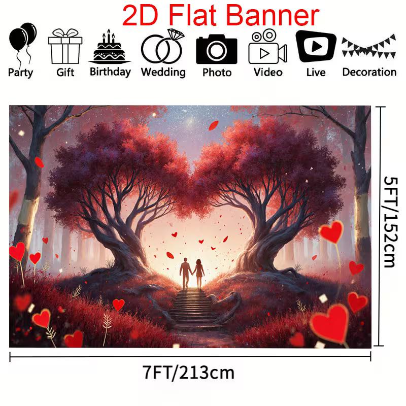 2D Valentine's Day Backdrop, Couple Silhouette with Heart Trees Background Cloth
