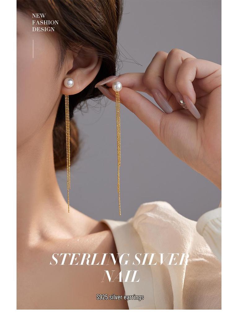 Banyan Tree S925 Silver Long Pearl Tassel Earrings for Women