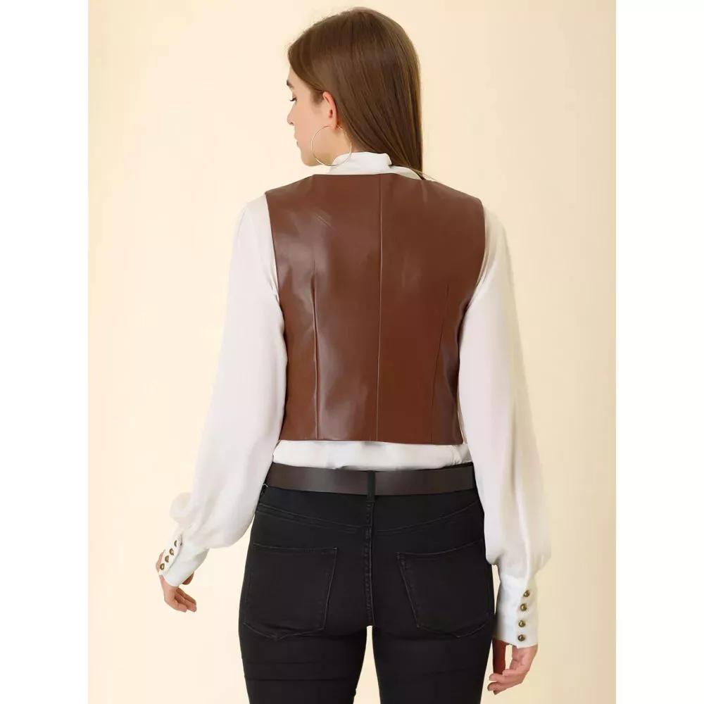 AL KHALID Party Brown Leather Stylish Button Vest Coat Waist Coat Lambskin Western Women
