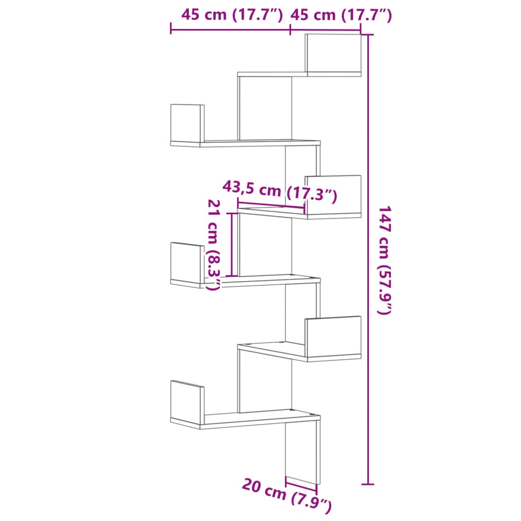 Wall Mounted Corner Shelf Smoked Oak Finish 45 X 45 X 147 Cm Particleboard