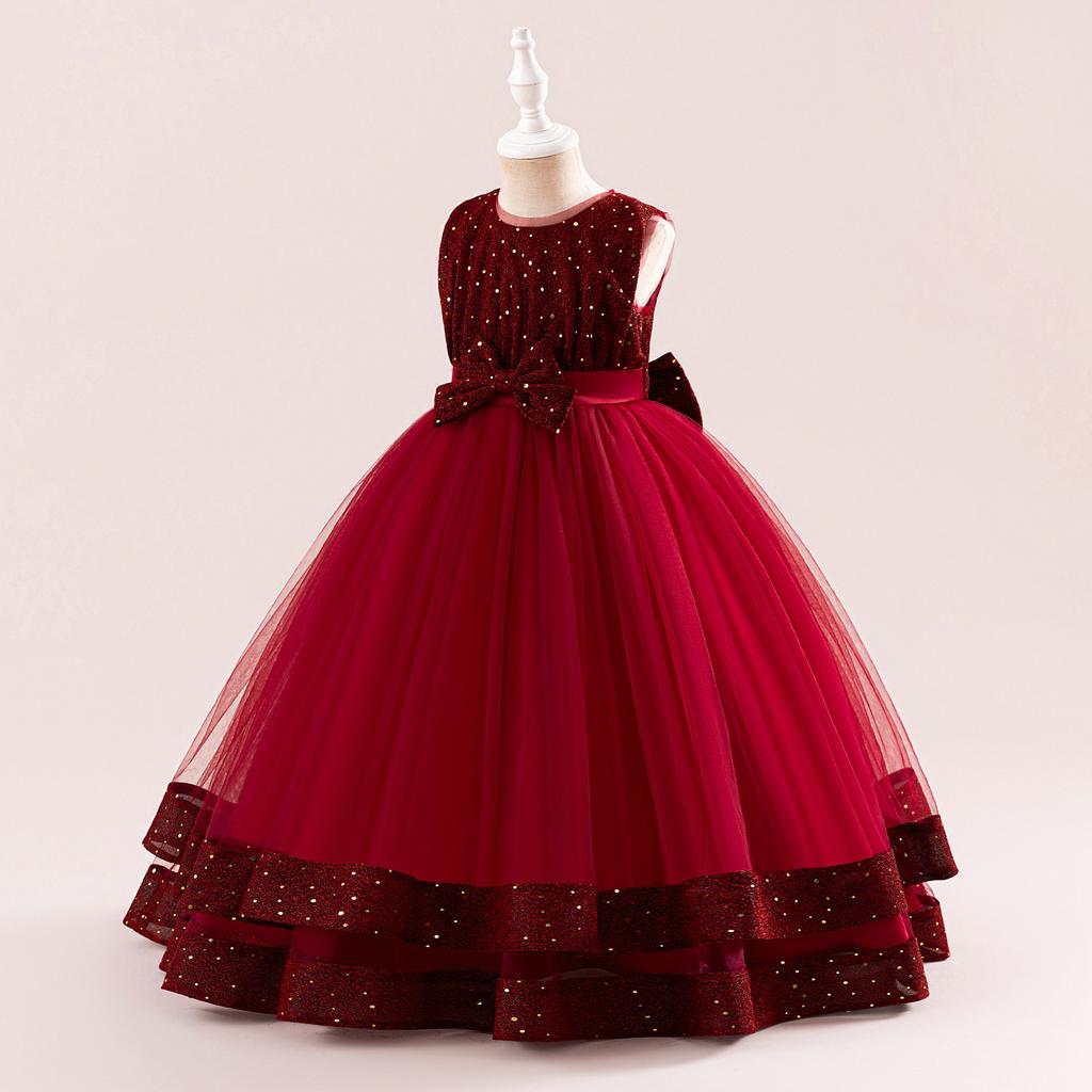 Flower Girl Princess Dress For Weddings Kid Formal Bow Long Gown For School Evening Party Children New Year Cloth