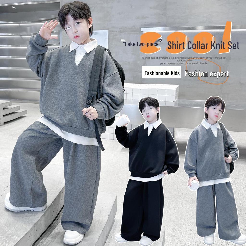 2025 Boys' Spring & Autumn Two-Piece Set - Fashionable Shirt Collar & Knitted Design