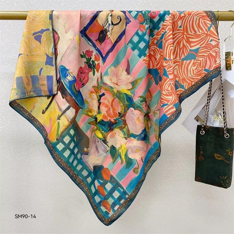 Double-Sided Faux Silk And Wool Printed Scarf For Women Spring And Autumn 90Cm Square Scarf Foulard Bandana Femmel Headscarf