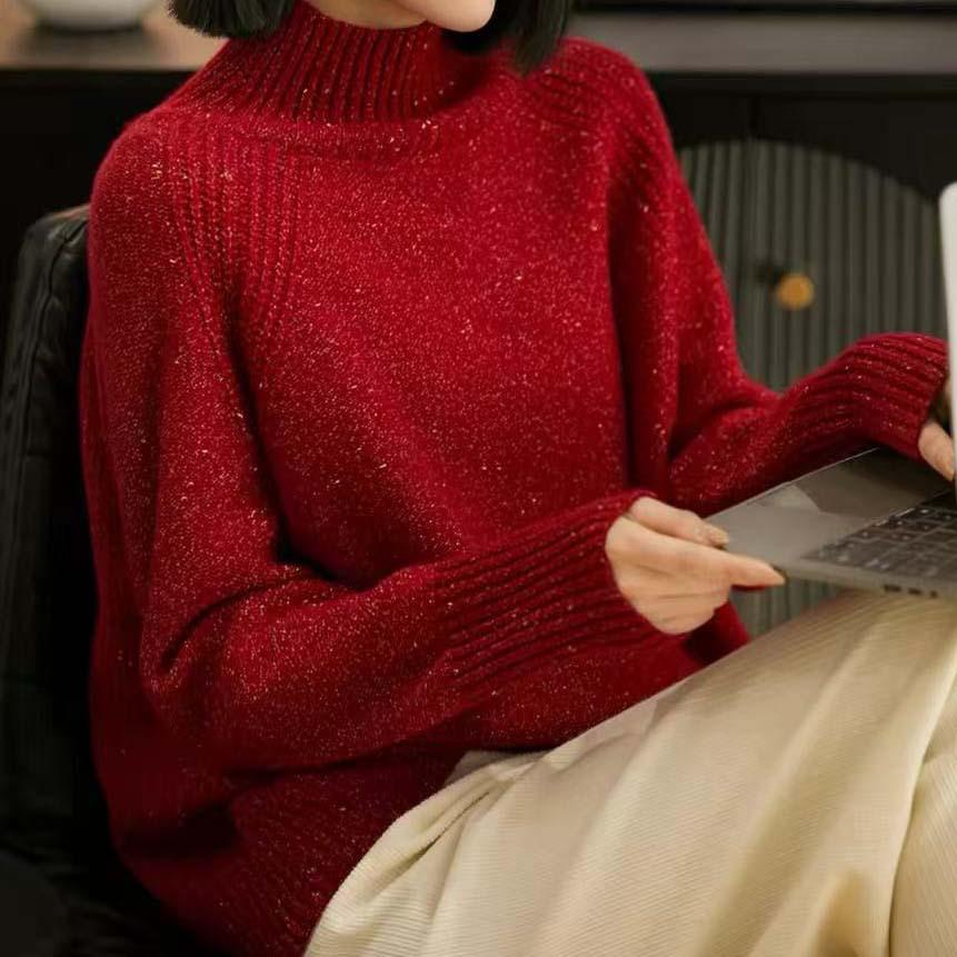 2025 Autumn/Winter Korean Gilded Rose Gold Knit High Neck Sweater for Women