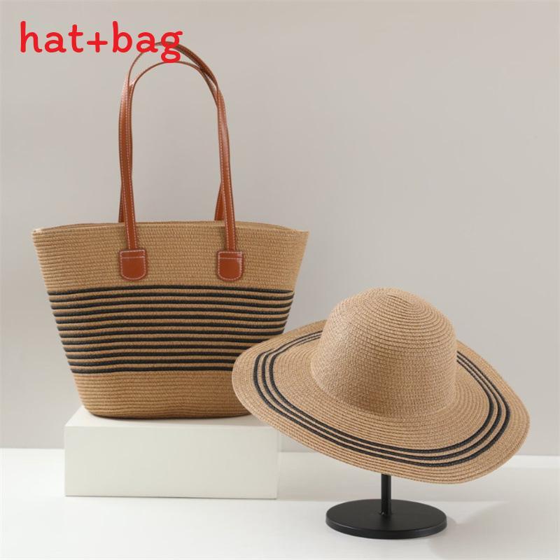 Woven Sun Hat And Large Capacity Straw Tote With Striped Pattern For Travel And Casual Wear