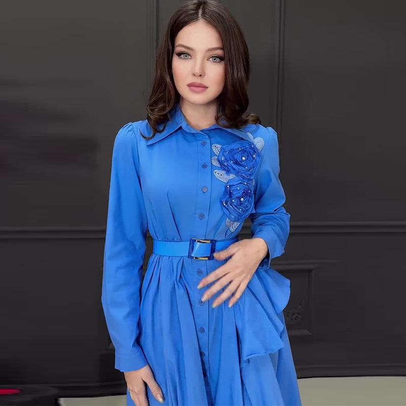2024 Autumn European & American Women's Elegant Long-Sleeved Dress with 3D Floral Design