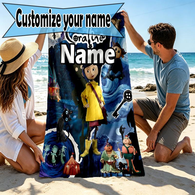 Custom Name Personalized Coraline Print Beach Towel, for Trip Camping Beach Party Home Decor, Birthday Gift for Family & Friends