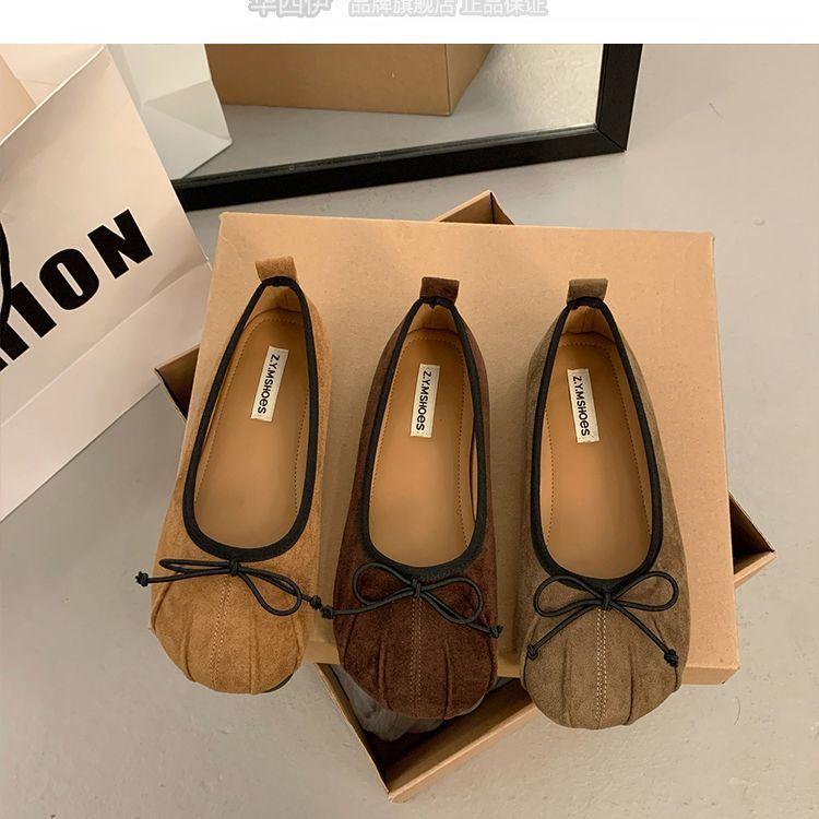 French retro suede light mouth single shoes women's 2025 early spring new shoes flat bow ladyshoes Doudou shoes