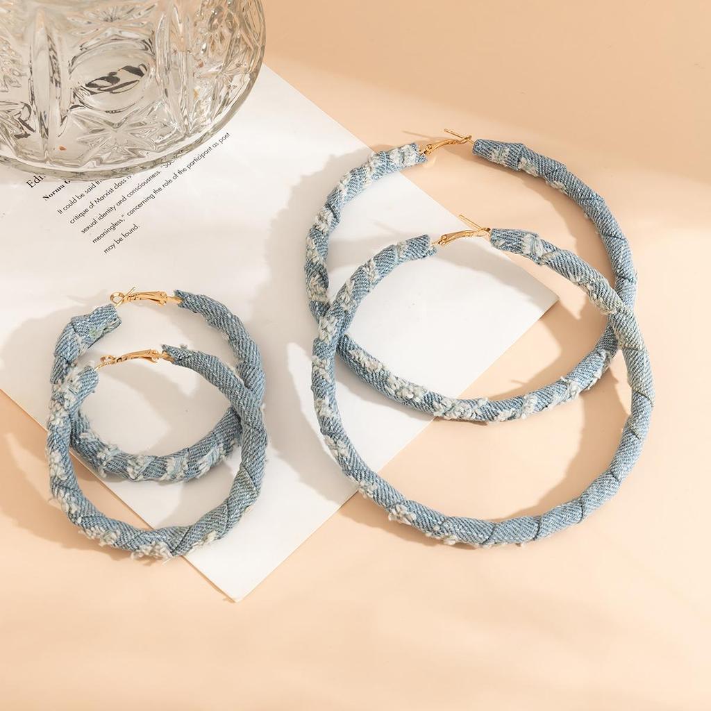 Vintage Denim Print Hoop Earrings: Retro Cross-Border Fabric Studs for Women