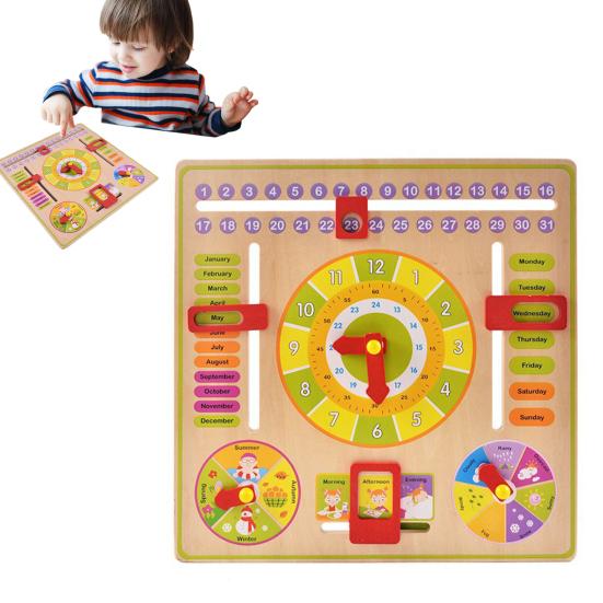 Kids Wooden Clock Toy Time Date Month Weather Season Preschool Learning Multi-function Portable Toddlers Early Educational Clock Toy