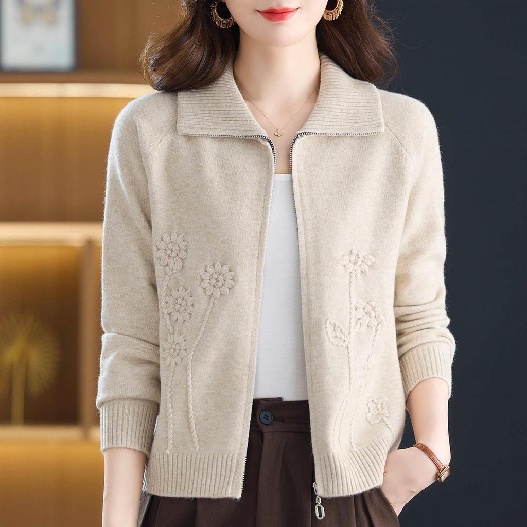 Women's Short Cardigan Sweater - 2025 Spring/Autumn Fashion, Loose Knitted Zipper Jacket for Moms