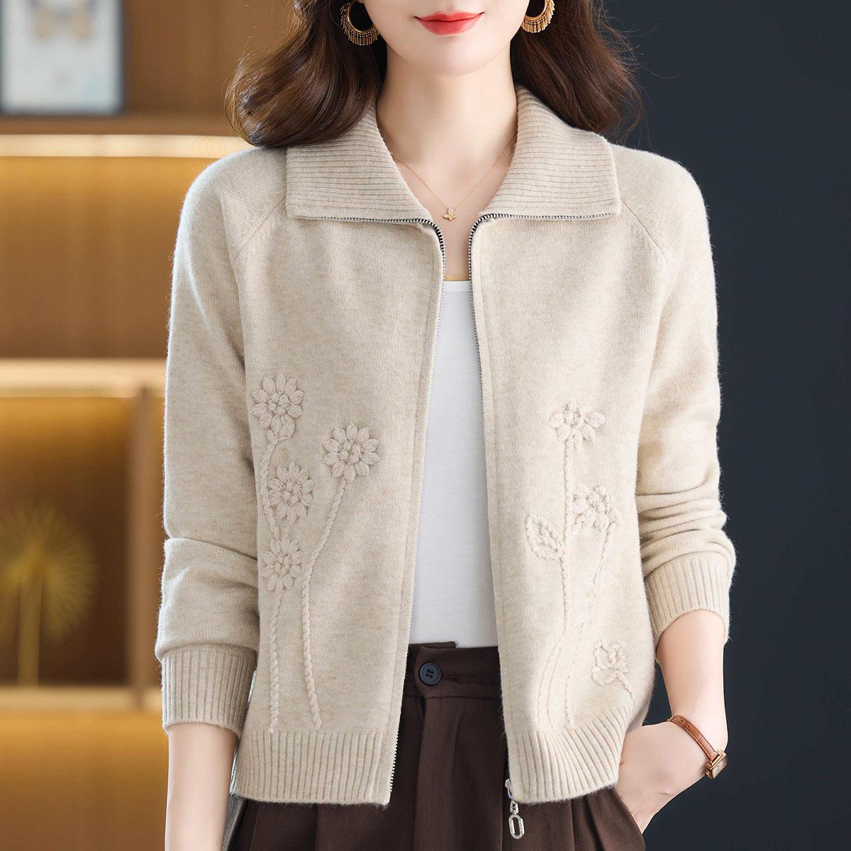 

Women s Short Cardigan Sweater - 2025 Spring/Autumn Fashion, Loose Knitted Zipper Jacket for Moms XL бежевый