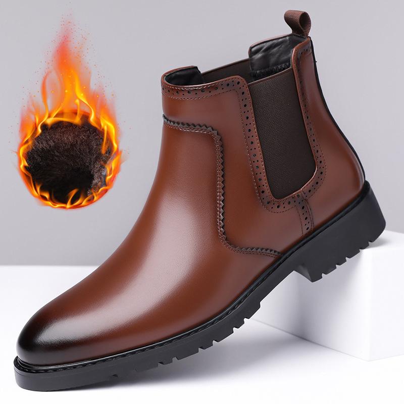 Business Formal Cotton Leather Shoes for Man Autumn Winter Fleece Thickened Warm and Anti-slip High-top Men's Ankle Boots Shoes