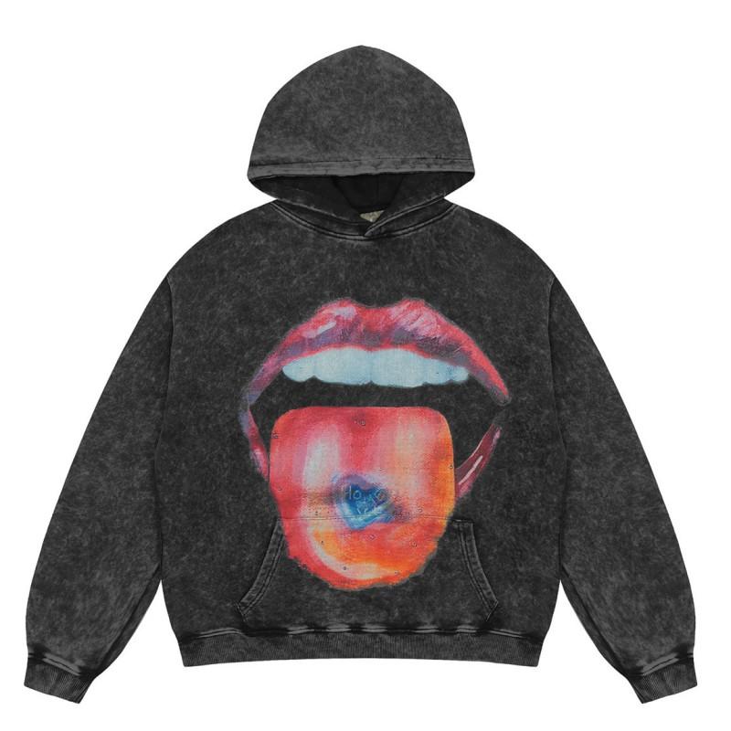 Mens Vintage Washed Hoodie With Distressed Graphic Print Loose Fit Cotton Pullover Fall Casual Wear