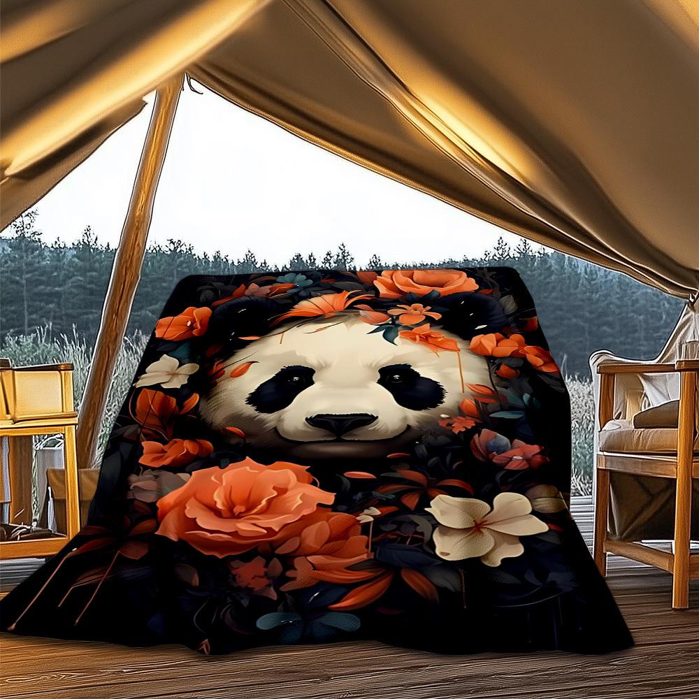 1pc Panda Floral Decor Throw Blanket Polyester Fiber, Lightweight Flannel, Soft & Warm, All Season Use for Outdoor, Camping Digital Print