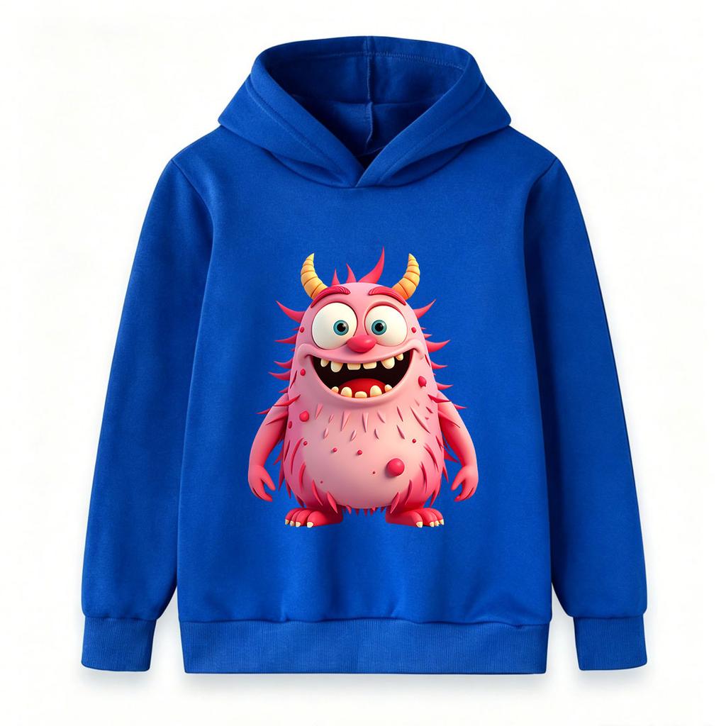 Kids Pink Fuzzy Monster Print Pullover Hoodie, Unisex Boys Girls Cute Cartoon Horned Monster Long Sleeve Casual Warm Hooded Sweatshirt for Daily Wear