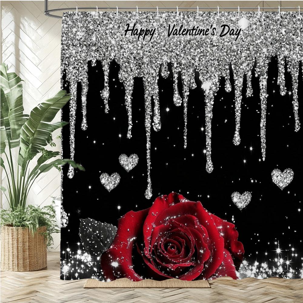 Shiny Rose Flower Style Printed Fabric Shower Curtain Bathroom Curtain,Valentine'S Day Home Decoration Curtain With Hooks