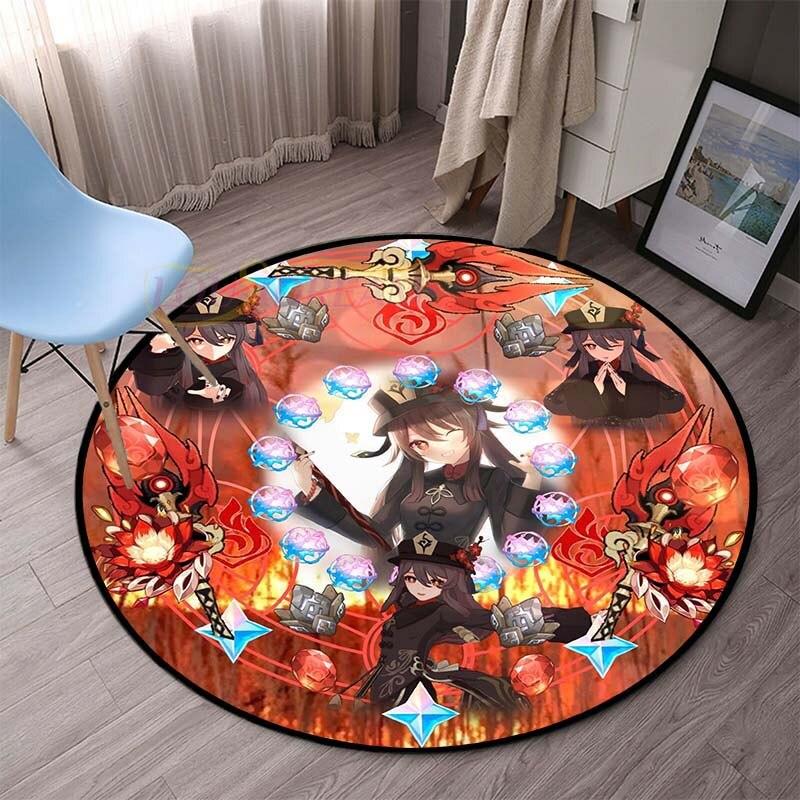 Genshin Impact Runde Teppiche für Schlafzimmer, Cartoon-Teppiche für Wohnzimmer, Kinder, weicher Teppich, rutschfeste Bodenmatte, Heimdekoration, Camping, Picknick