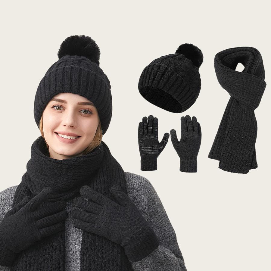 Knitted Hat Scarf Gloves Women's Winter Thick Ear-Warming Hat and Neck Warmer Set 3Pcs