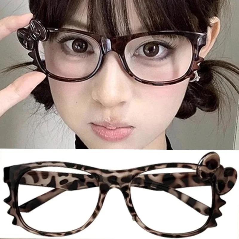 Hot Girls Leopard Print Bow Myopia Glasses Women Fashion Vintage Cartoon Cute Large Oval Frame Eyeglasses  Eyeglass Frames