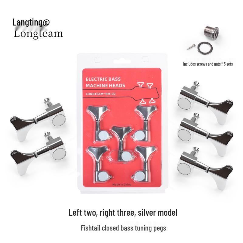 Langting 5-String Electric Bass Tuners, Black/Silver Fishbone Design, All-Metal, 5-Pack