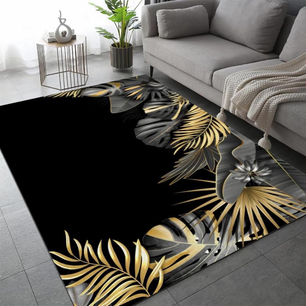 Abstrakt Schwarz Gold Pflanze Blatt Teppich Kunstdruck Design Teppiche für Schlafzimmer Nachttisch Rutschfest Zuhause Sofa Couchtisch Dekor Fußmatte