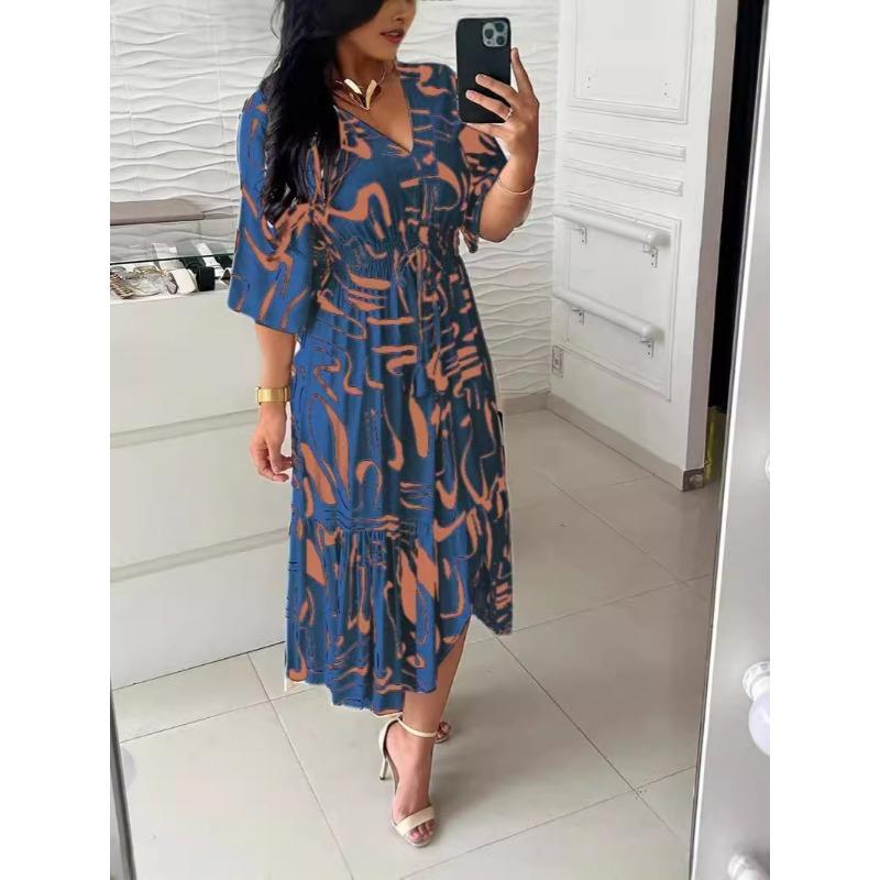 

Summer Printed V-neck Short Sleeved Women Fashion Dress Plus Size High-waisted Lace-up Loose Casual A-line Party Dresses Pleated Slim Ruffle Clothing 5XL джинсовий синього кольору