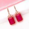 Luxury Fashion Crystal Design Red Zircon Drop Earings Square Ruby Earrings for Women Engagement Banquet Zircon