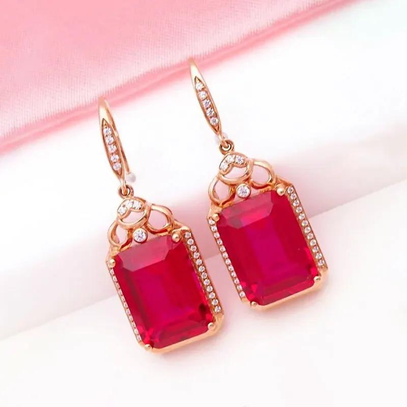 Luxury Fashion Crystal Design Red Zircon Drop Earings Square Ruby Earrings for Women Engagement Banquet Zircon