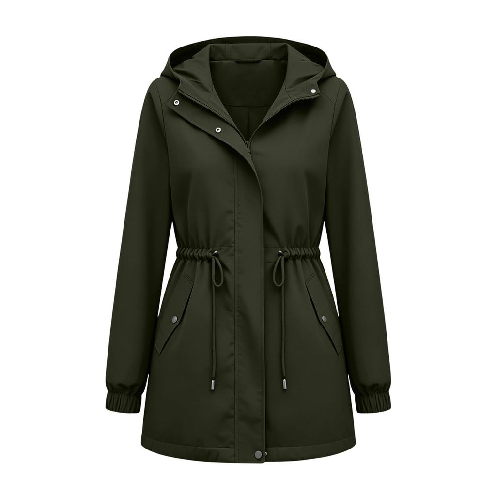 Damen Kapuzenjacke Mittellang Lässiger Lockerer Schnitt Windbreaker Mantel mit Verstellbarem Bundzug und Druckknopfleiste vorne